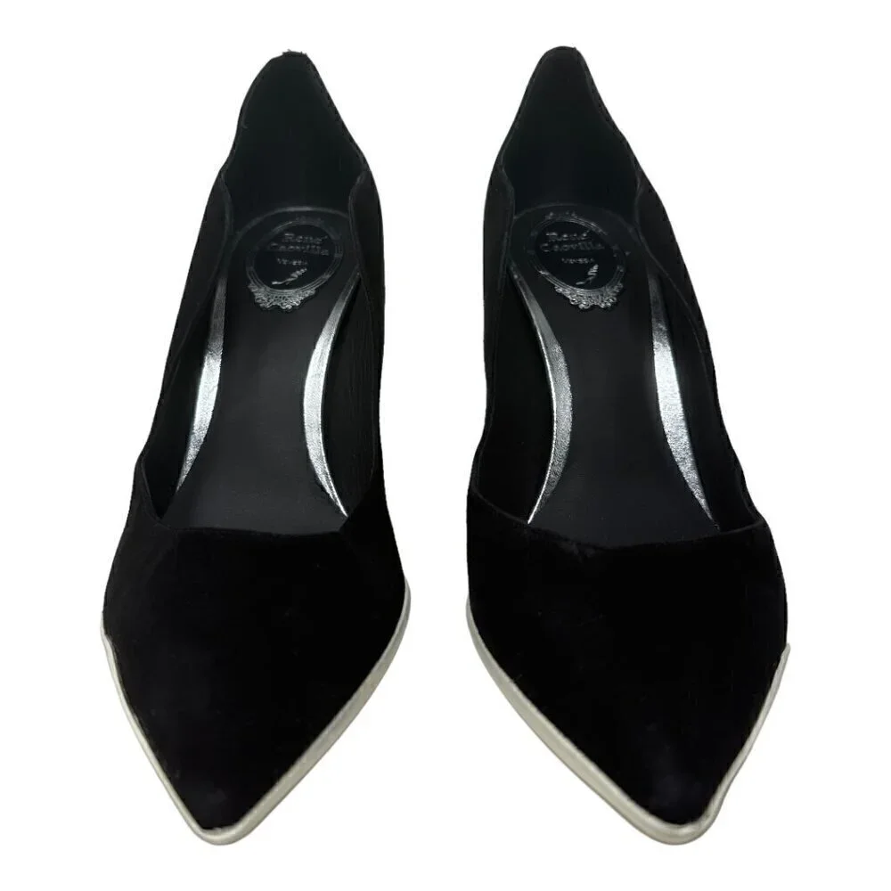 Rare Rene Caovilla Tessa Black Suede Scalloped Edges Pointed Toe Heels Pumps 9